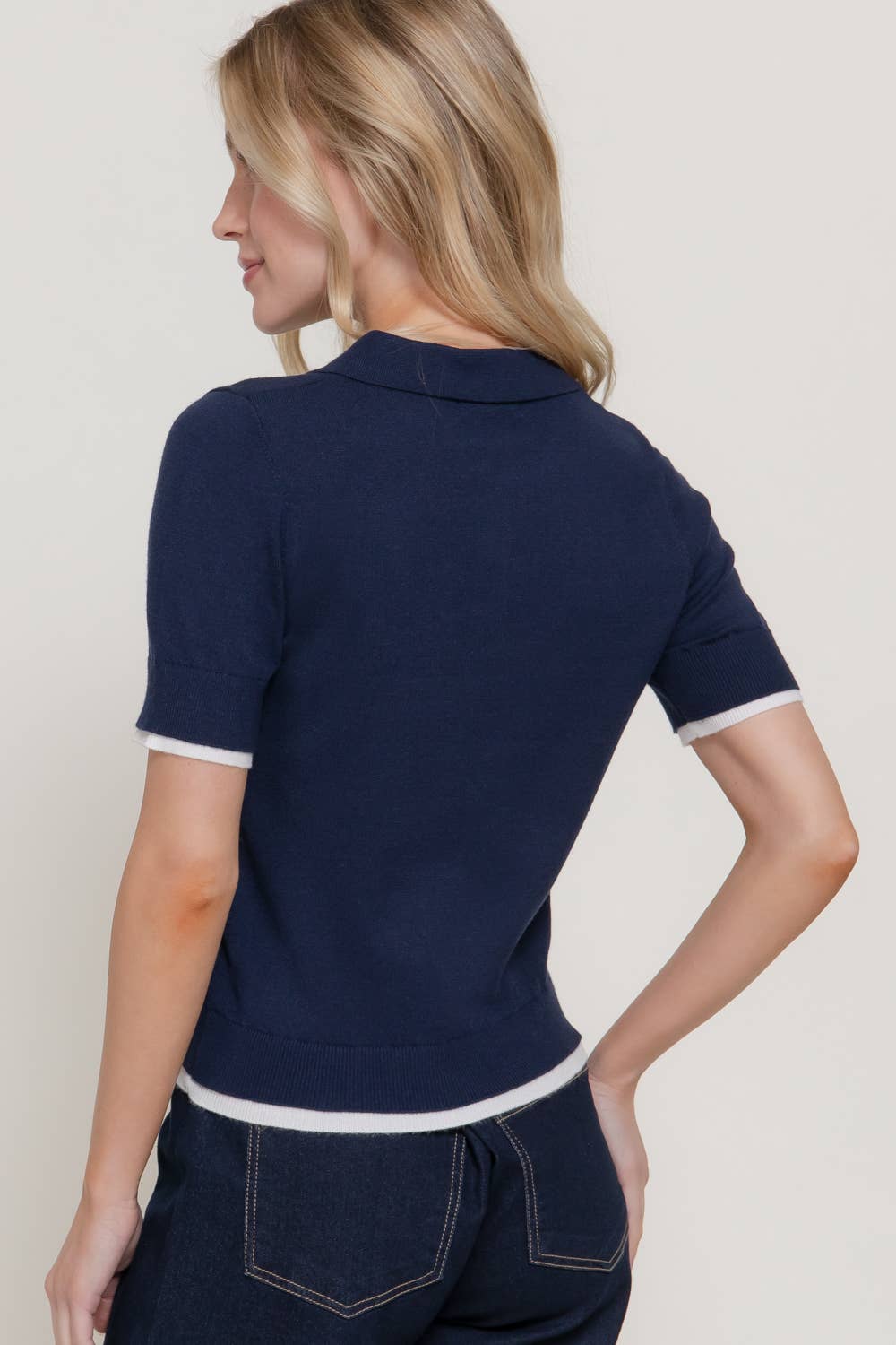 Short Sleeve Layered Polo Knit Top with Contrasting Color