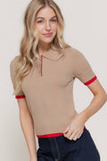Short Sleeve Layered Polo Knit Top with Contrasting Color