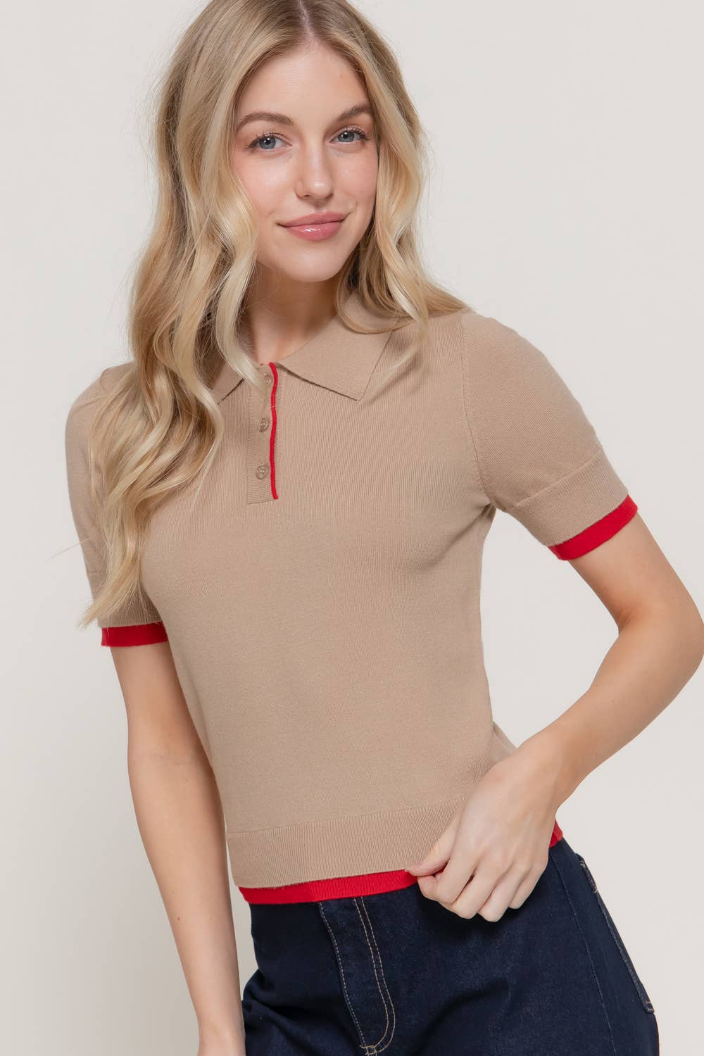 Short Sleeve Layered Polo Knit Top with Contrasting Color