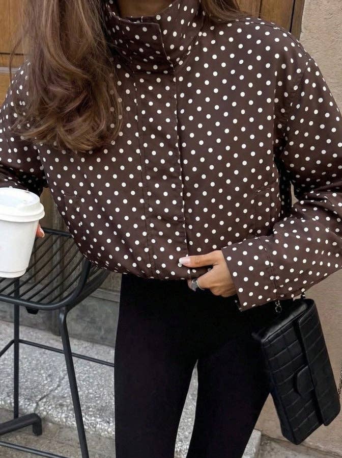 Polka Dot Woven Jacket Trendy Zip Up Stand Collar