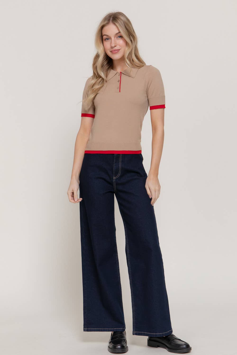Short Sleeve Layered Polo Knit Top with Contrasting Color