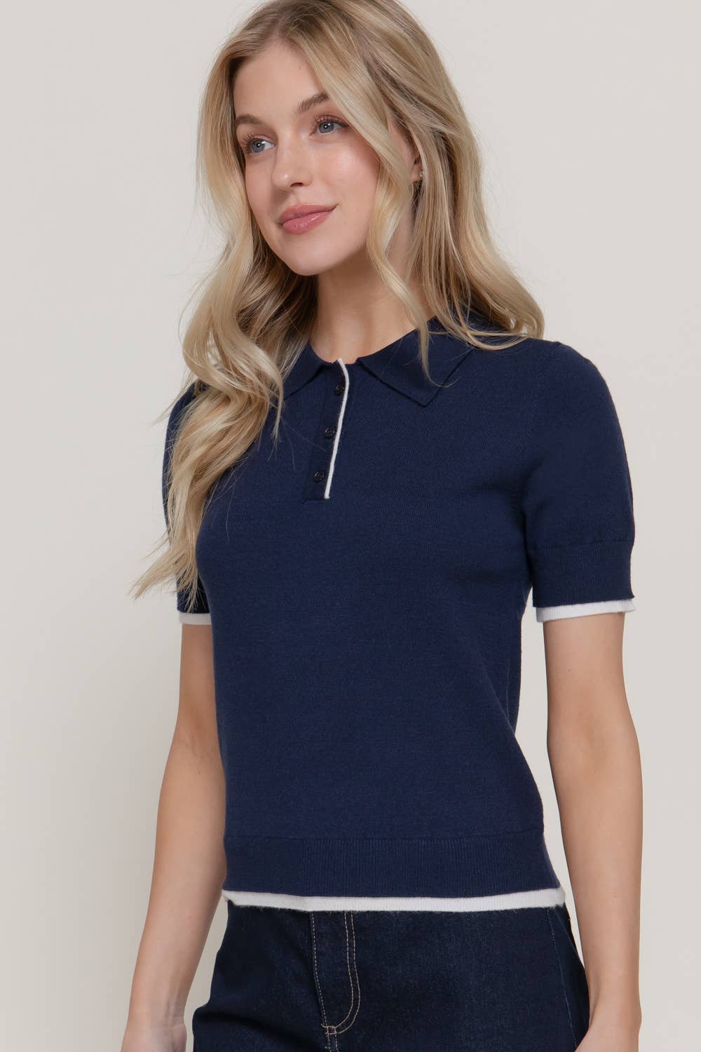 Short Sleeve Layered Polo Knit Top with Contrasting Color