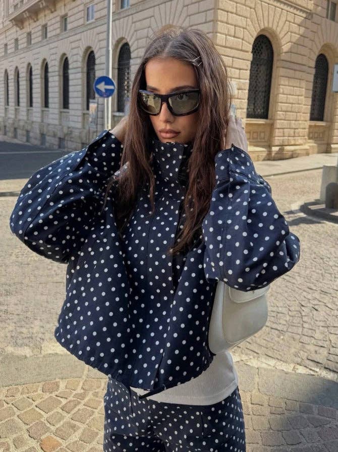 Polka Dot Woven Jacket Trendy Zip Up Stand Collar