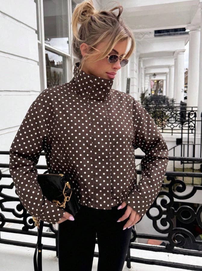 Polka Dot Woven Jacket Trendy Zip Up Stand Collar