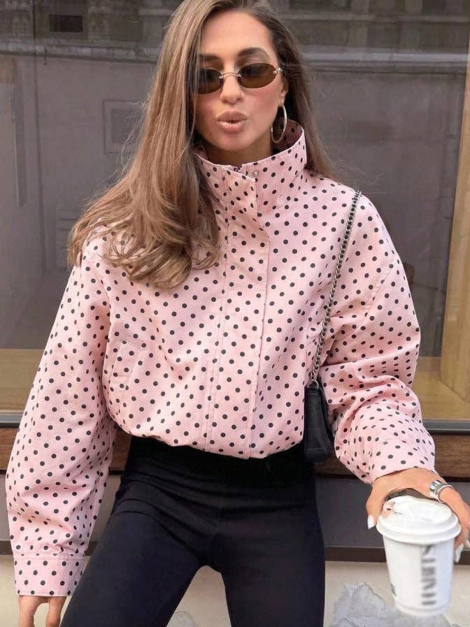 Polka Dot Woven Jacket Trendy Zip Up Stand Collar