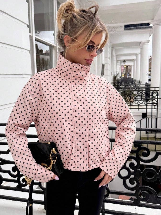 Polka Dot Woven Jacket Trendy Zip Up Stand Collar