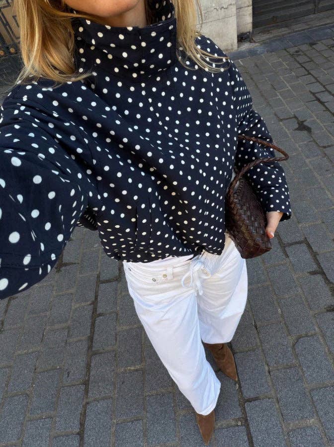 Polka Dot Woven Jacket Trendy Zip Up Stand Collar