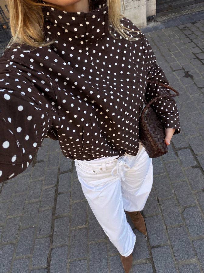 Polka Dot Woven Jacket Trendy Zip Up Stand Collar