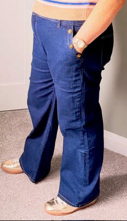 Wide Leg Blue Denim Jeans, Gold button detail