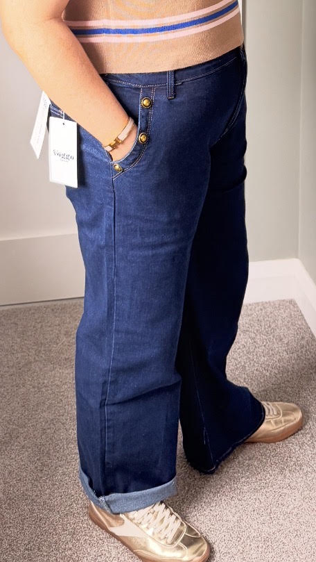 Wide Leg Blue Denim Jeans, Gold button detail