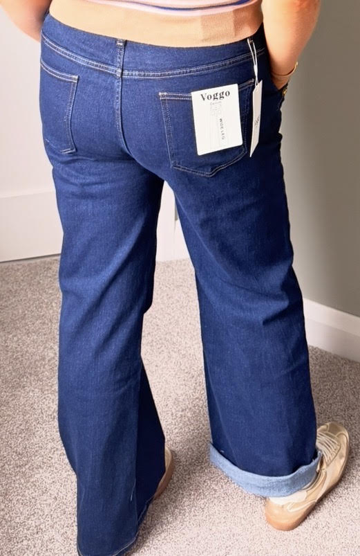 Wide Leg Blue Denim Jeans, Gold button detail