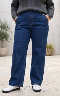 Wide Leg Blue Denim Jeans, Gold button detail