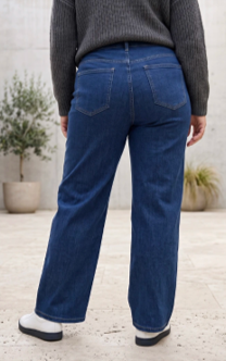 Wide Leg Blue Denim Jeans, Gold button detail