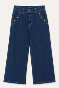 Wide Leg Blue Denim Jeans, Gold button detail