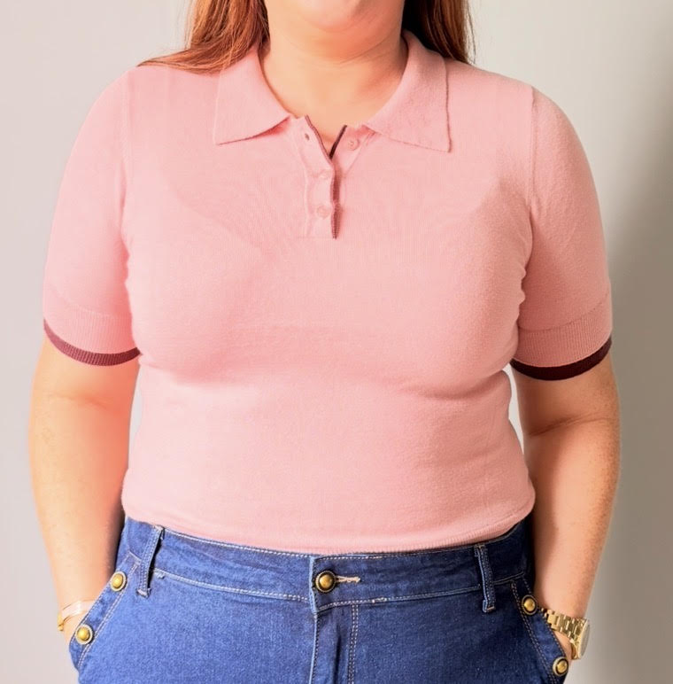 Short Sleeve Layered Polo Knit Top with Contrasting Color