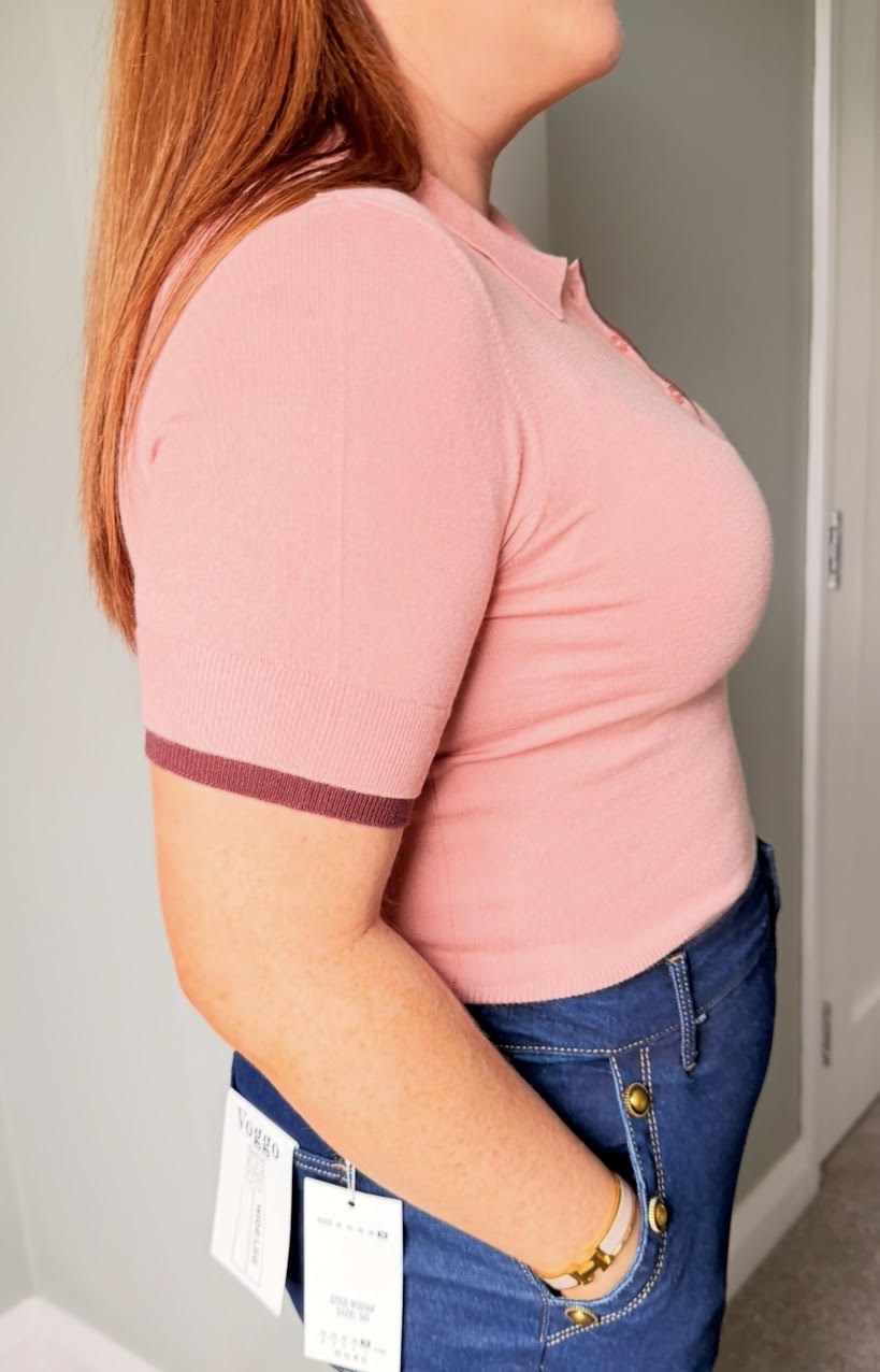 Short Sleeve Layered Polo Knit Top with Contrasting Color