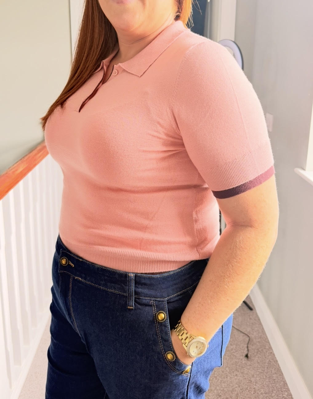 Short Sleeve Layered Polo Knit Top with Contrasting Color