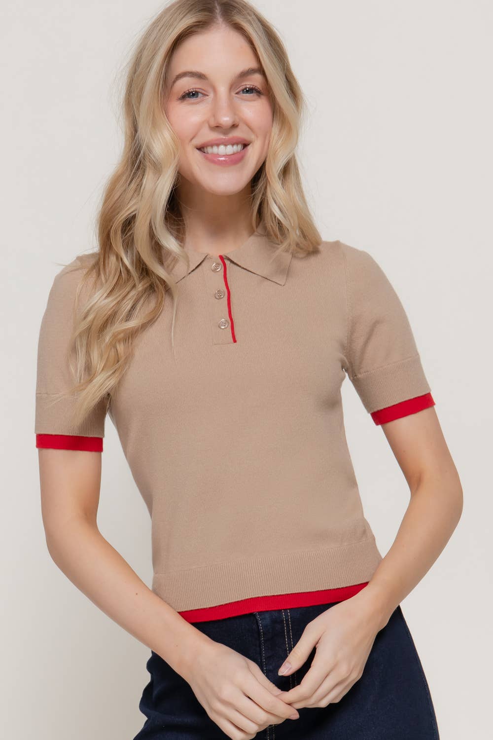 Short Sleeve Layered Polo Knit Top with Contrasting Color