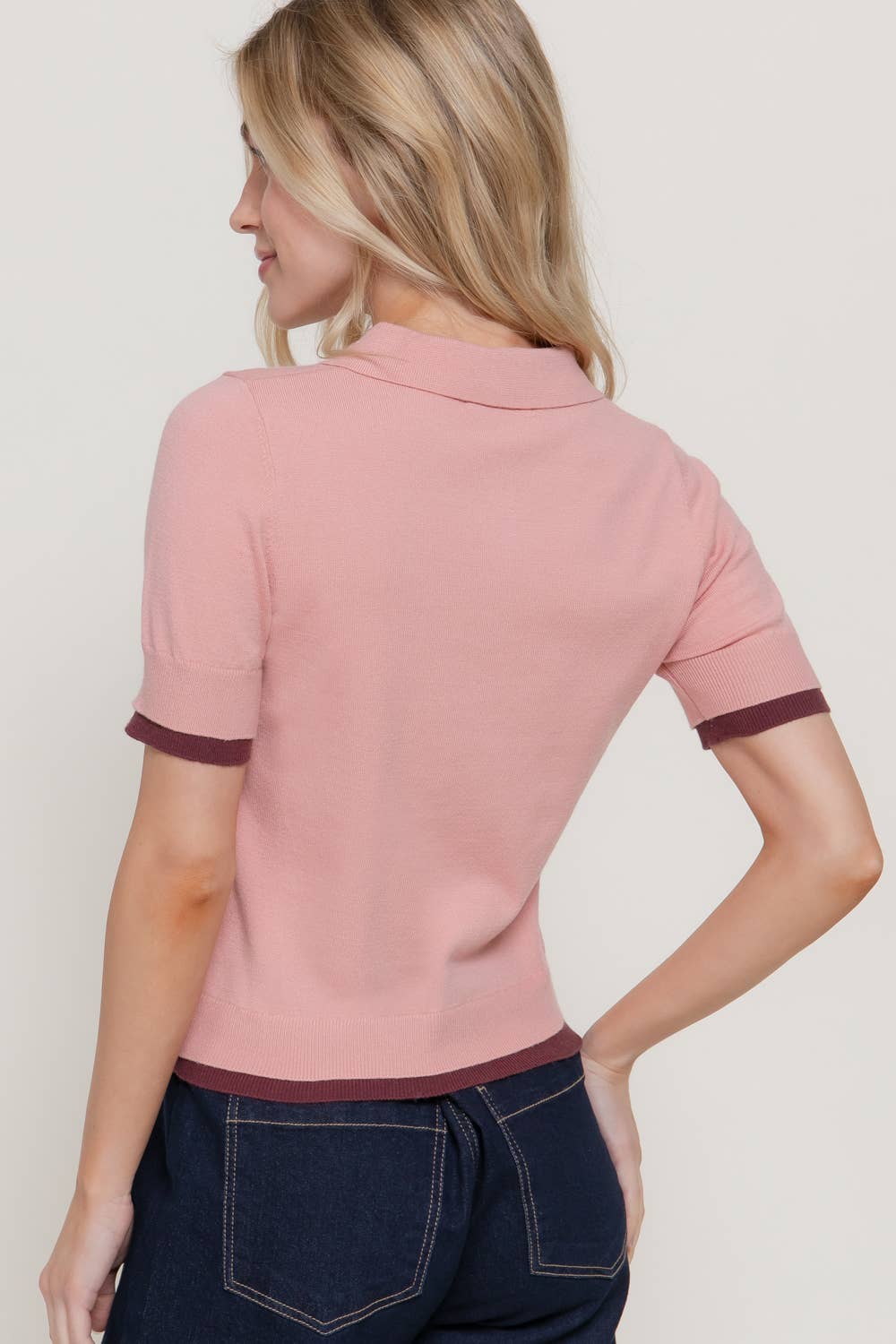 Short Sleeve Layered Polo Knit Top with Contrasting Color