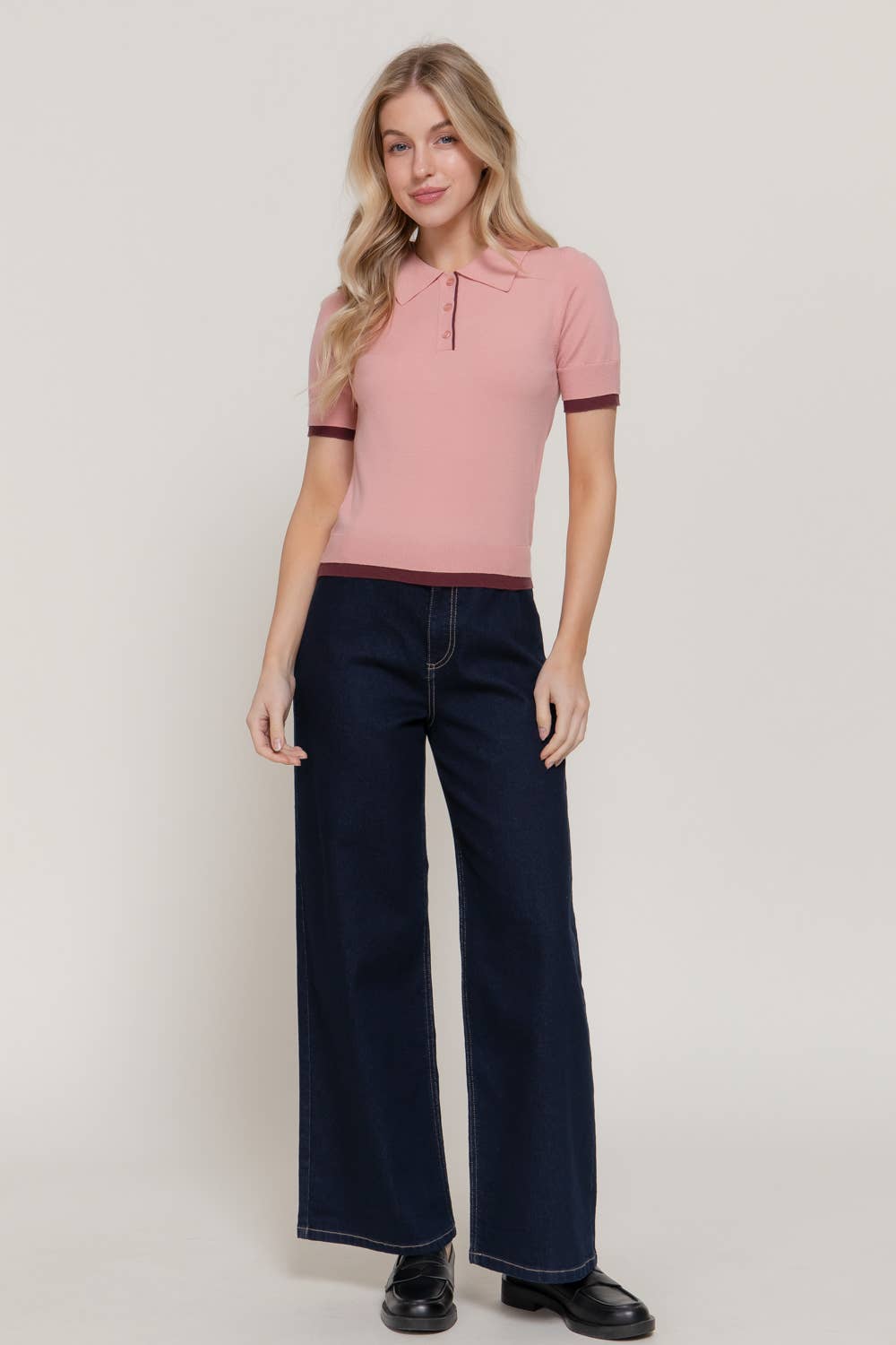 Short Sleeve Layered Polo Knit Top with Contrasting Color