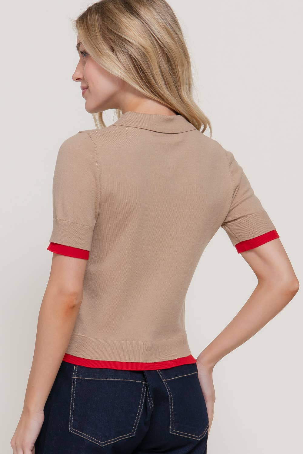Short Sleeve Layered Polo Knit Top with Contrasting Color