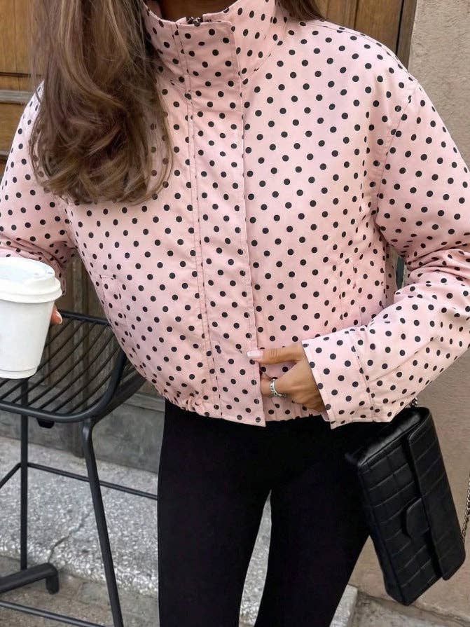Polka Dot Woven Jacket Trendy Zip Up Stand Collar