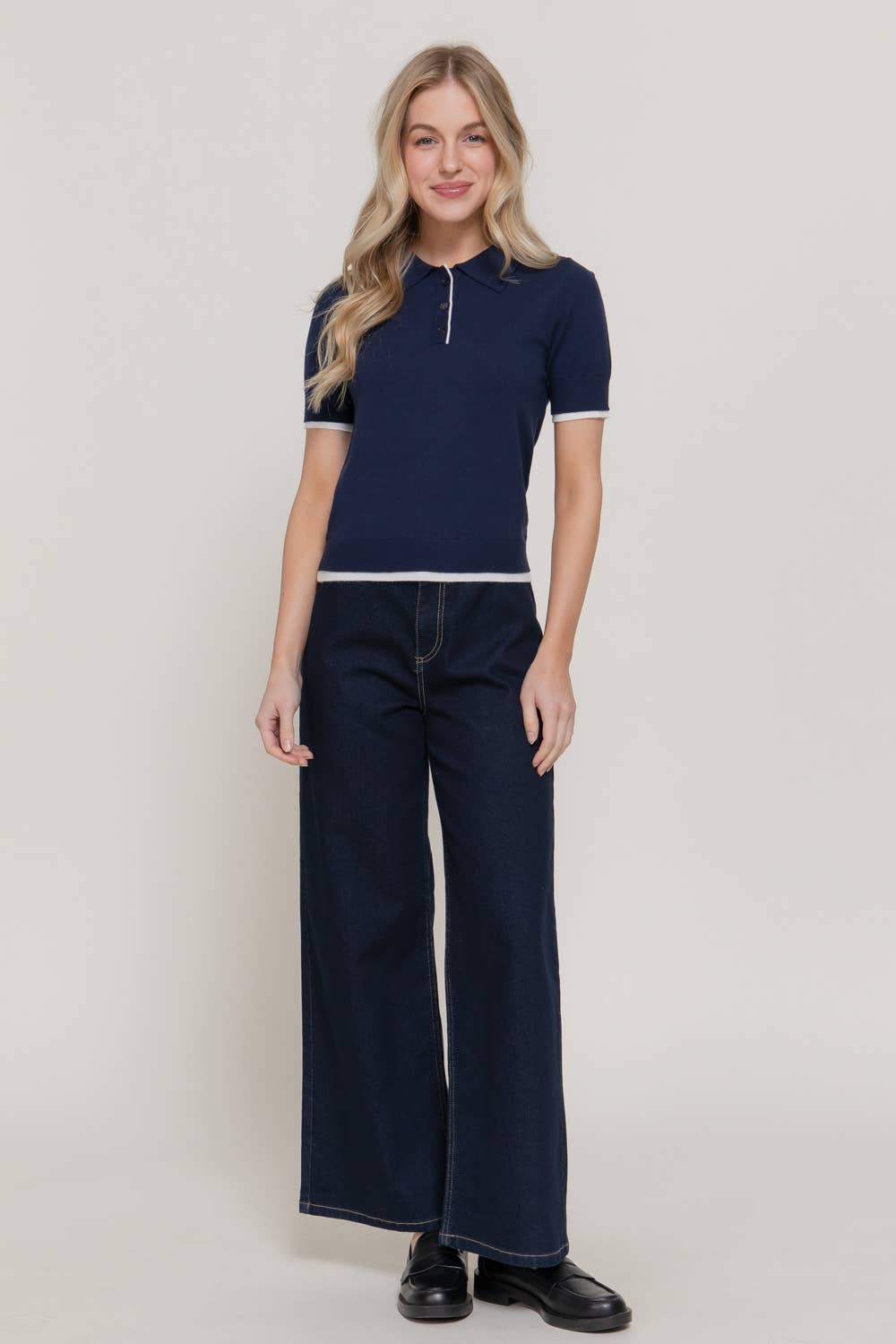 Short Sleeve Layered Polo Knit Top with Contrasting Color